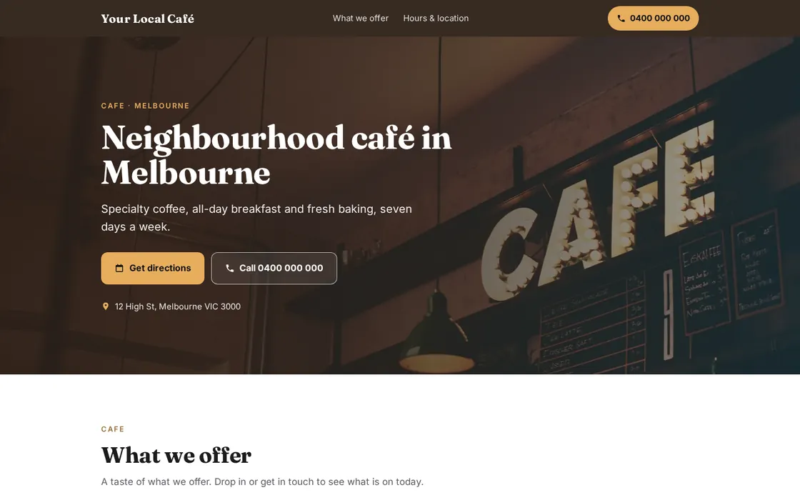 Concept homepage for a sample neighbourhood café on a laptop
