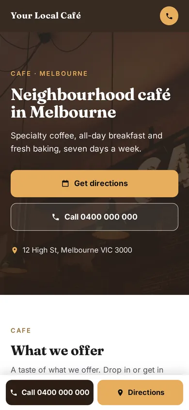 Concept homepage for a sample neighbourhood café on a phone
